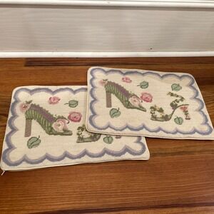 Pair Victorian Floral Needlepoint 13x18 Cottage Pillow Cover Roses Boudoir Wool